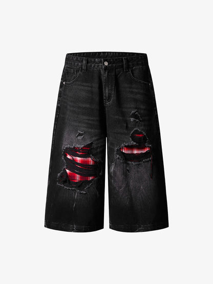 Retro Ripped Contrast Plaid Denim Shorts 