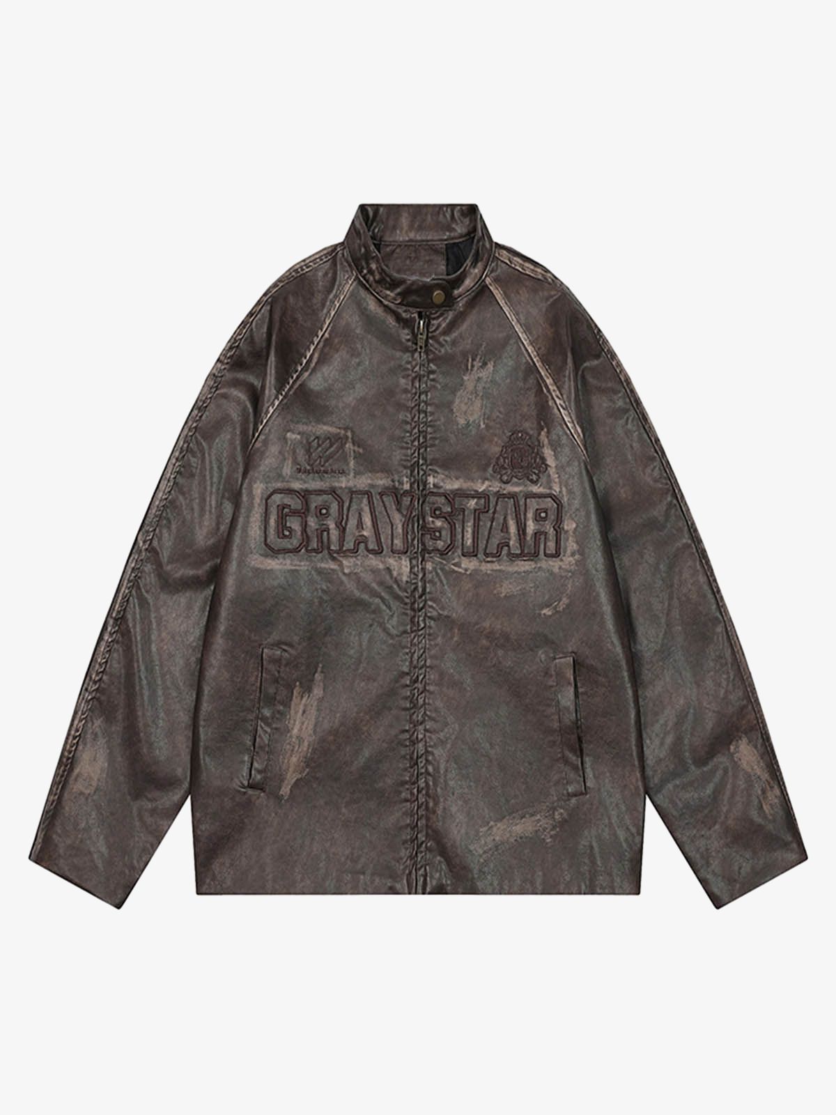 Thesupermade Distressed Letter Embroidery Motorcycle PU Leather Jacket 