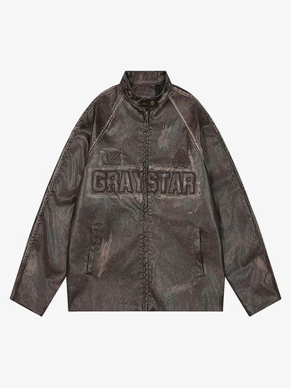 Thesupermade Distressed Letter Embroidery Motorcycle PU Leather Jacket 