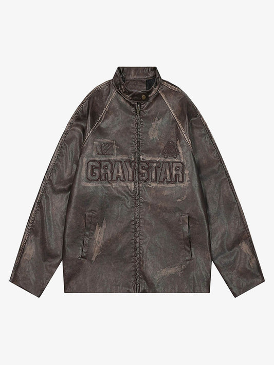 Thesupermade Distressed Letter Embroidery Motorcycle PU Leather Jacket 