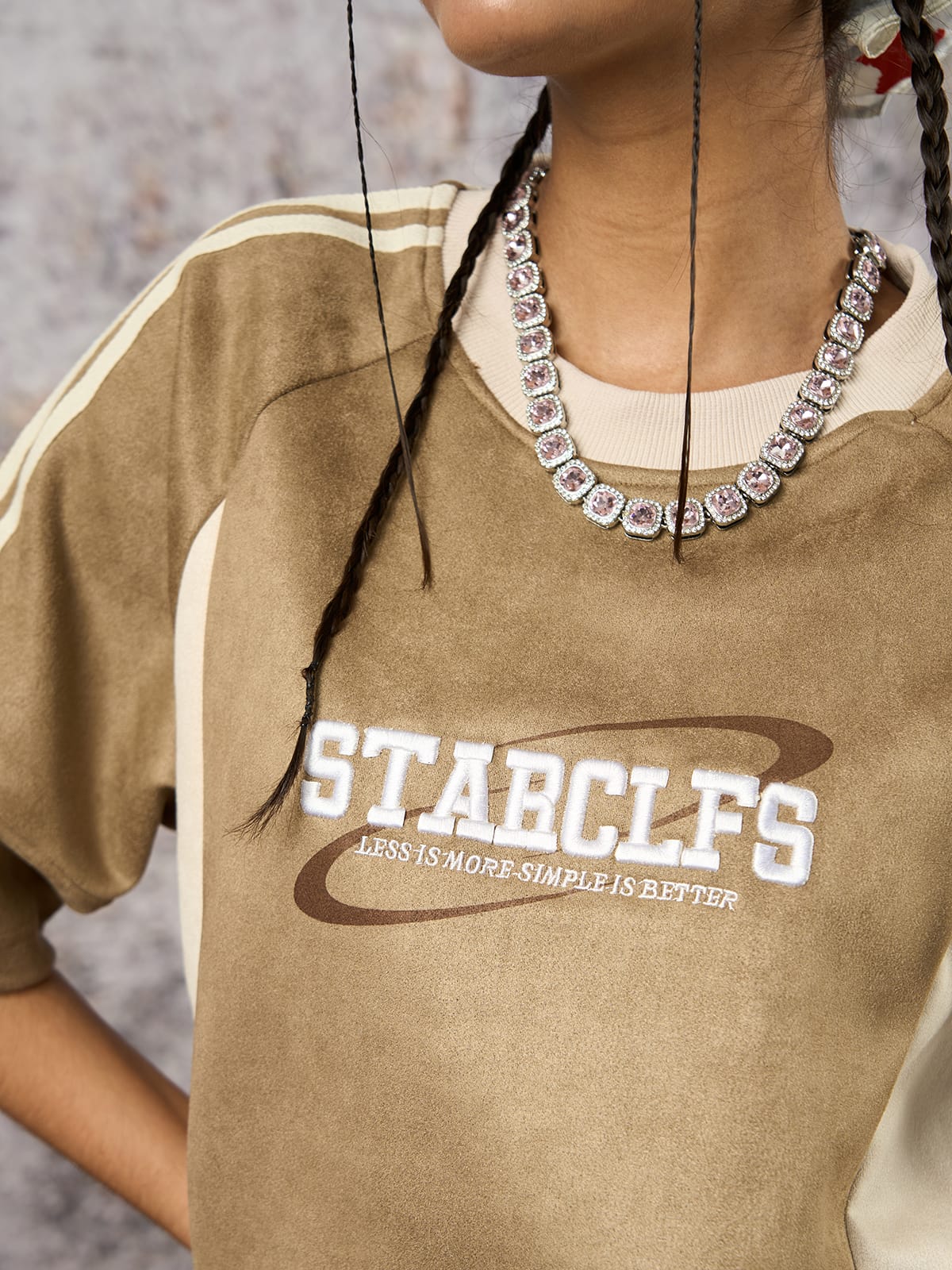 Suede Contrast Color Spliced Letter Embroidery Oversize T-shirt 