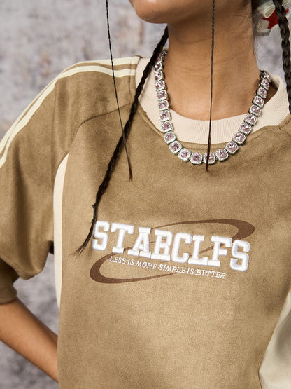 Suede Contrast Color Spliced Letter Embroidery Oversize T-shirt 