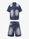 Distressed Washed Workwear Denim Shirt And Jorts Set 