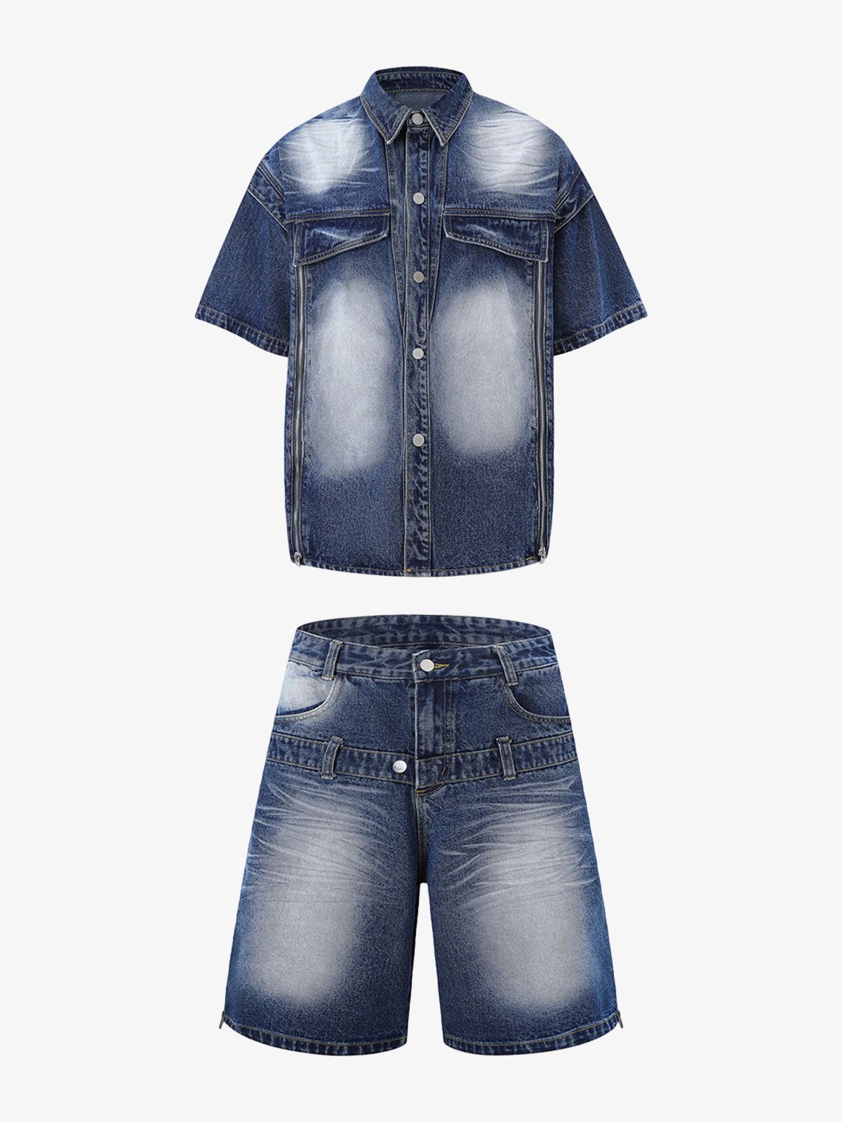 Distressed Washed Workwear Denim Shirt And Jorts Set 