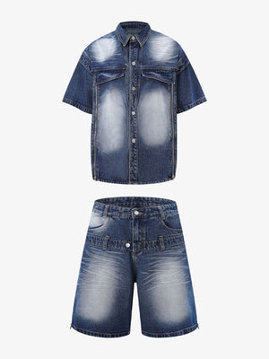 Distressed Washed Workwear Denim Shirt And Jorts Set 