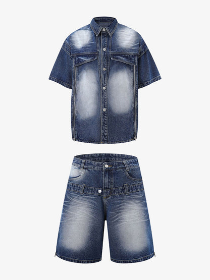 Distressed Washed Workwear Denim Shirt And Jorts Set 