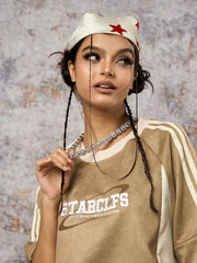 Suede Contrast Color Spliced Letter Embroidery Oversize T-shirt 