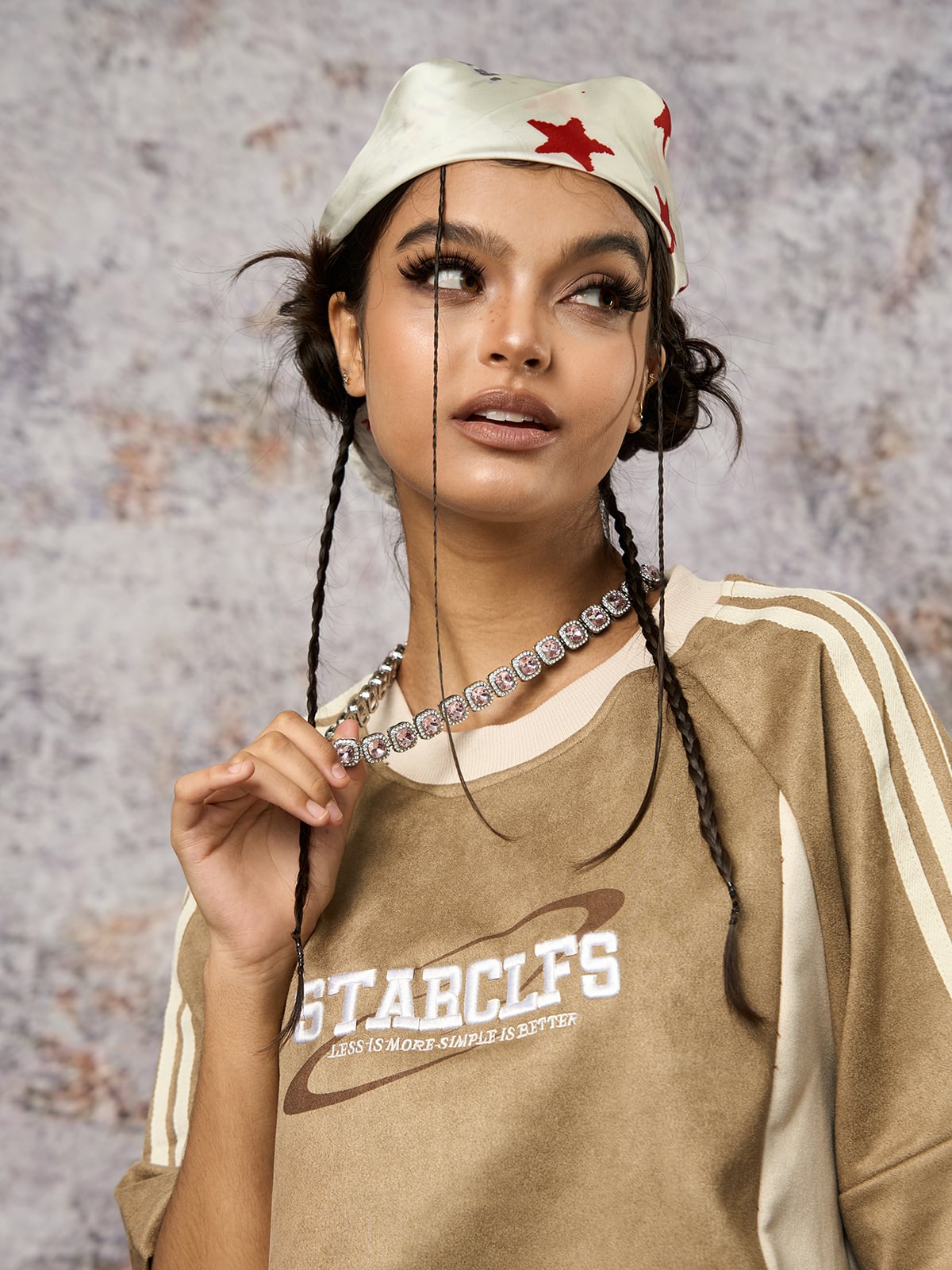 Suede Contrast Color Spliced Letter Embroidery Oversize T-shirt 