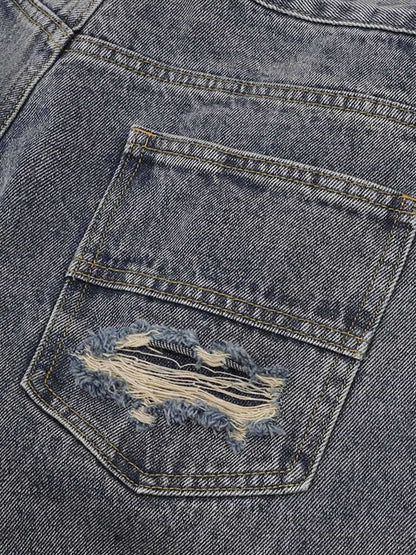 Thesupermade Patchwork Camouflage Ripped Shirt Jorts Denim Suit 