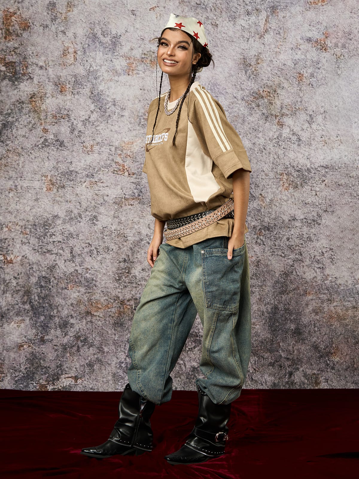 Suede Contrast Color Spliced Letter Embroidery Oversize T-shirt 
