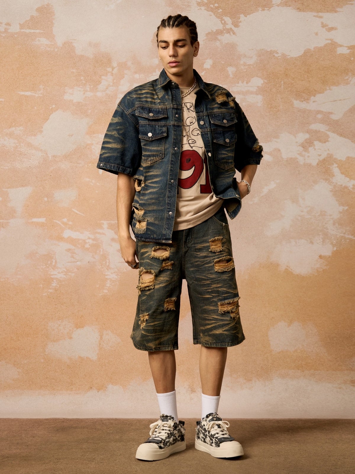 Distressed Washed Distressed Denim Set 