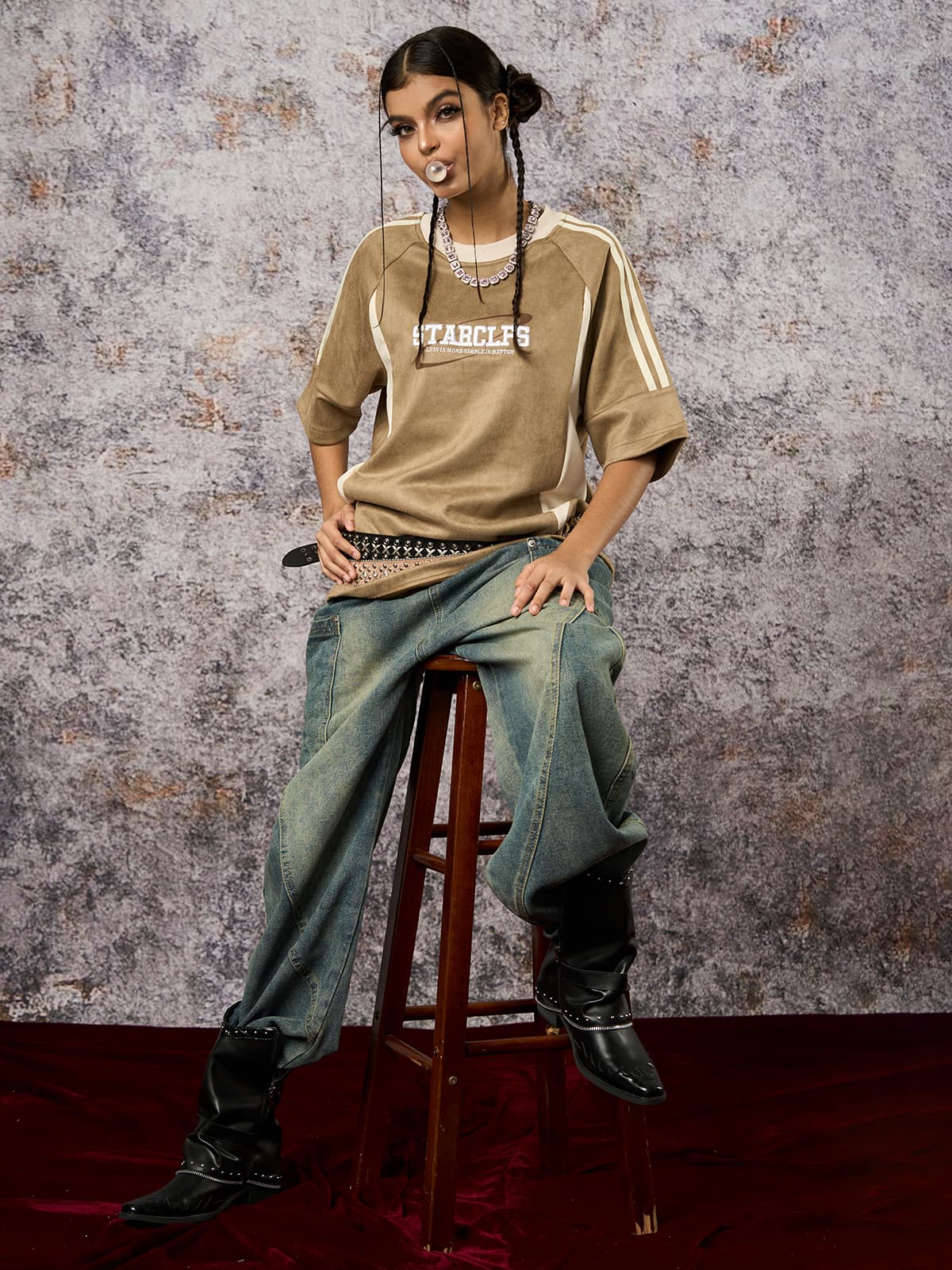 Suede Contrast Color Spliced Letter Embroidery Oversize T-shirt 