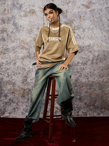 Suede Contrast Color Spliced Letter Embroidery Oversize T-shirt 
