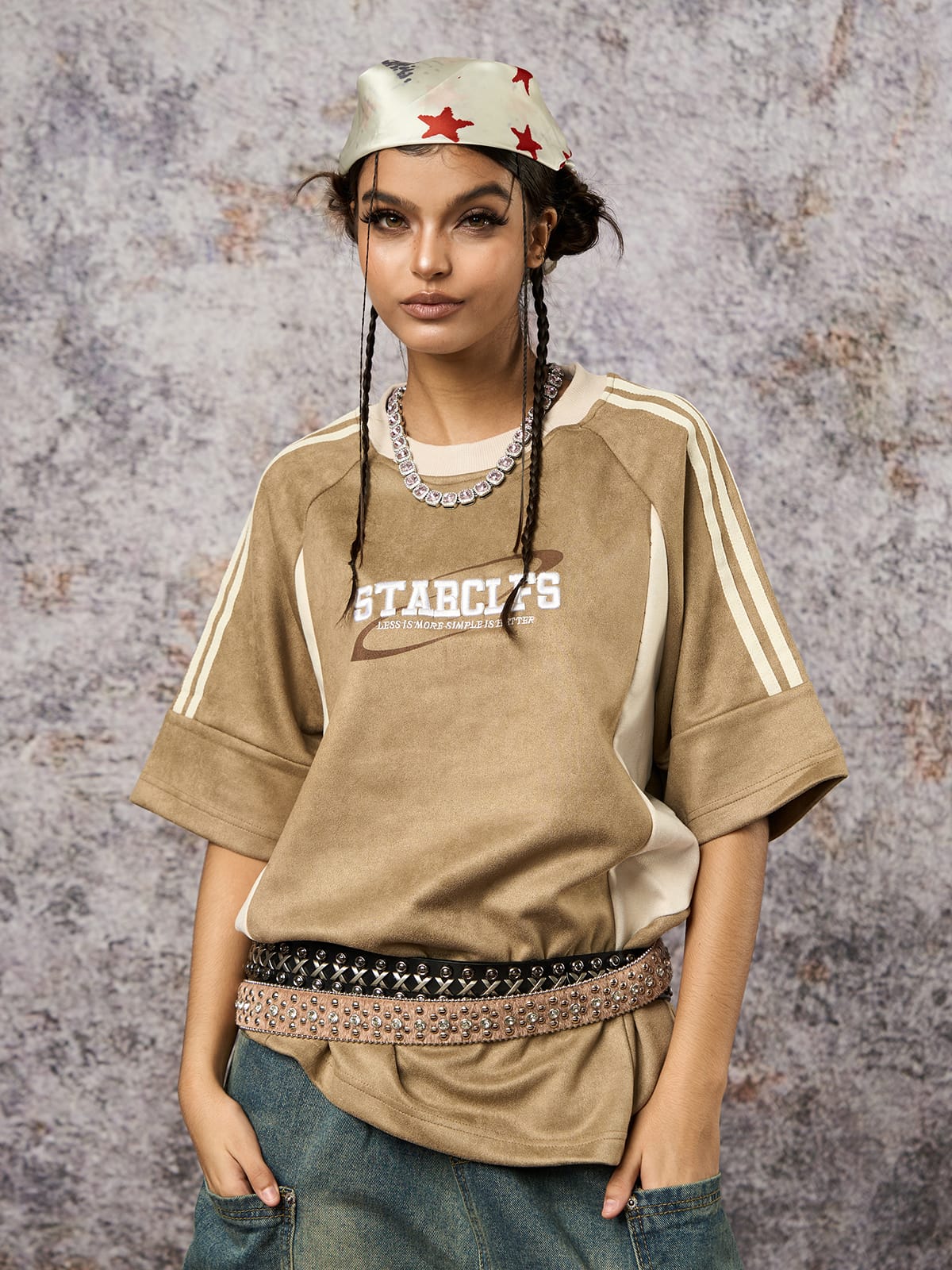 Suede Contrast Color Spliced Letter Embroidery Oversize T-shirt 