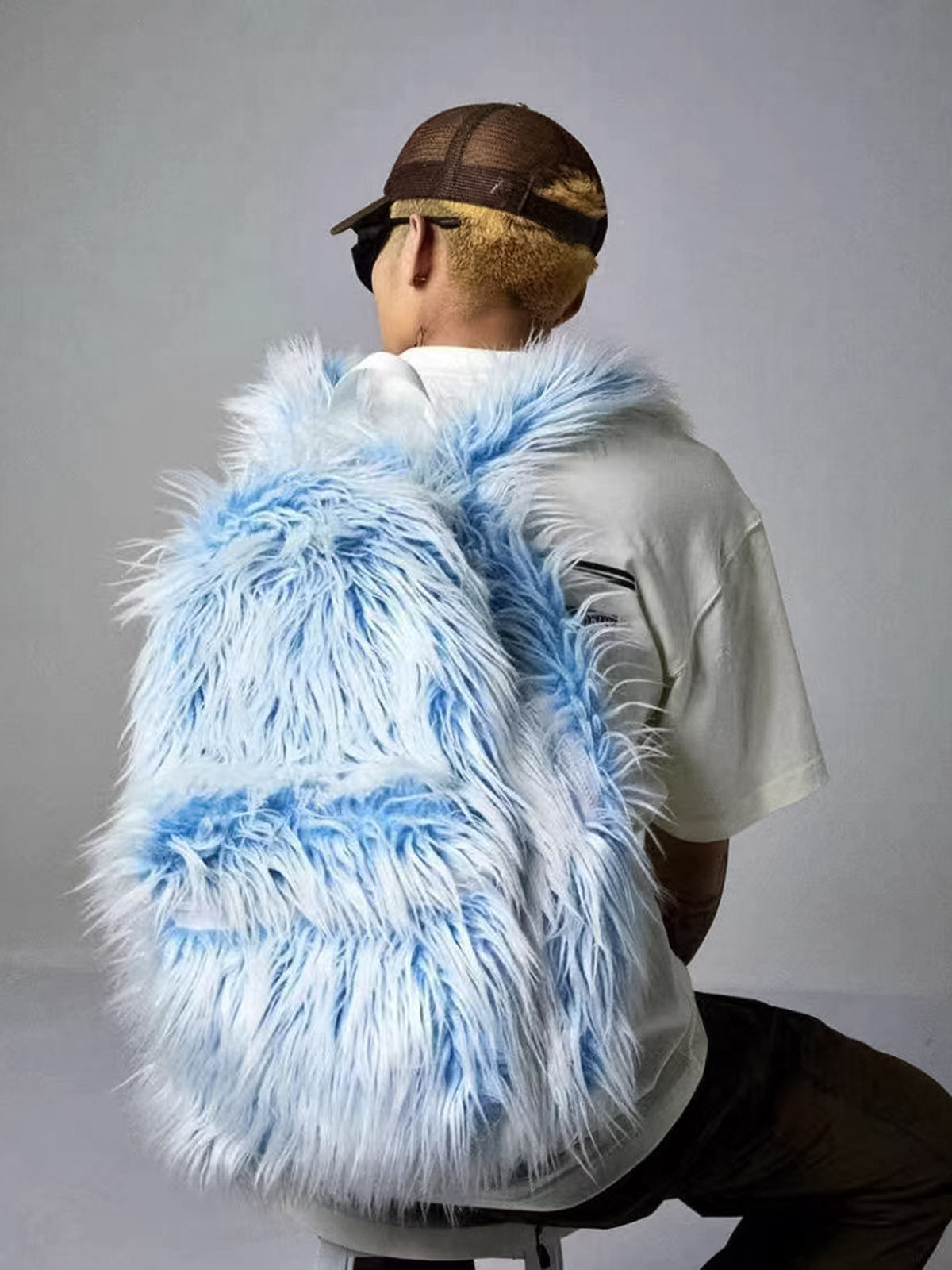 Snow Monster Contrast Ice Blue Furry Backpack 