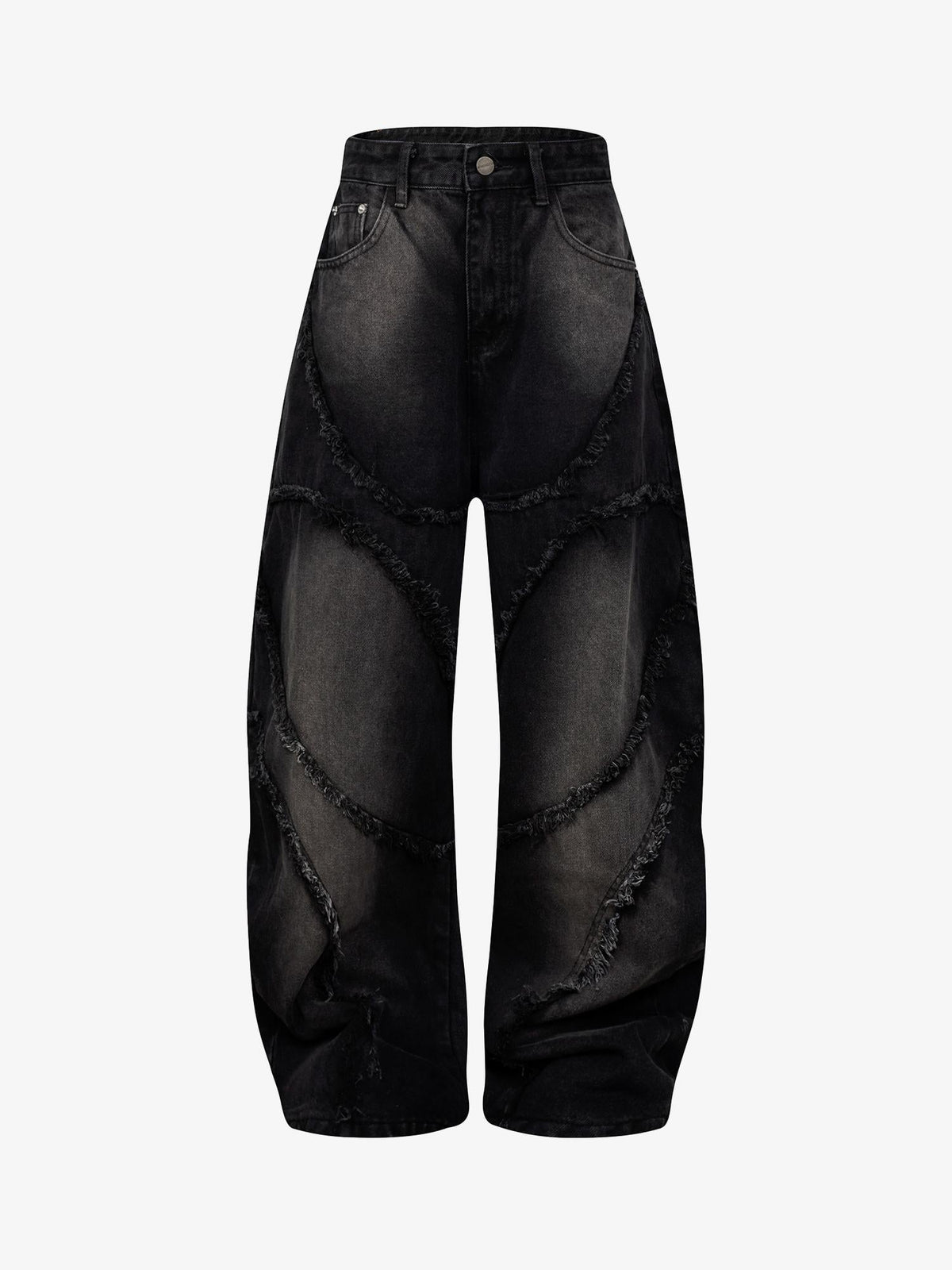 Washed Distressed Raw Edge Barrel Jeans - 2402 