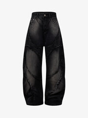 Washed Distressed Raw Edge Barrel Jeans - 2402 