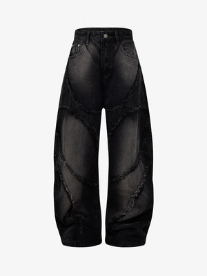 Washed Distressed Raw Edge Barrel Jeans - 2402 