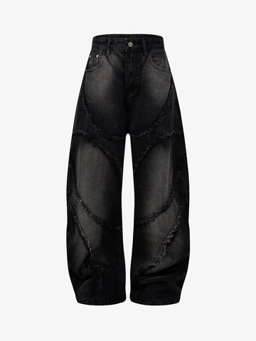 Washed Distressed Raw Edge Barrel Jeans - 2402 