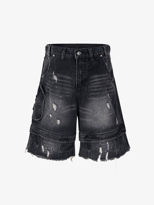 Ripped Washed Tassel Cargo Denim Shorts 