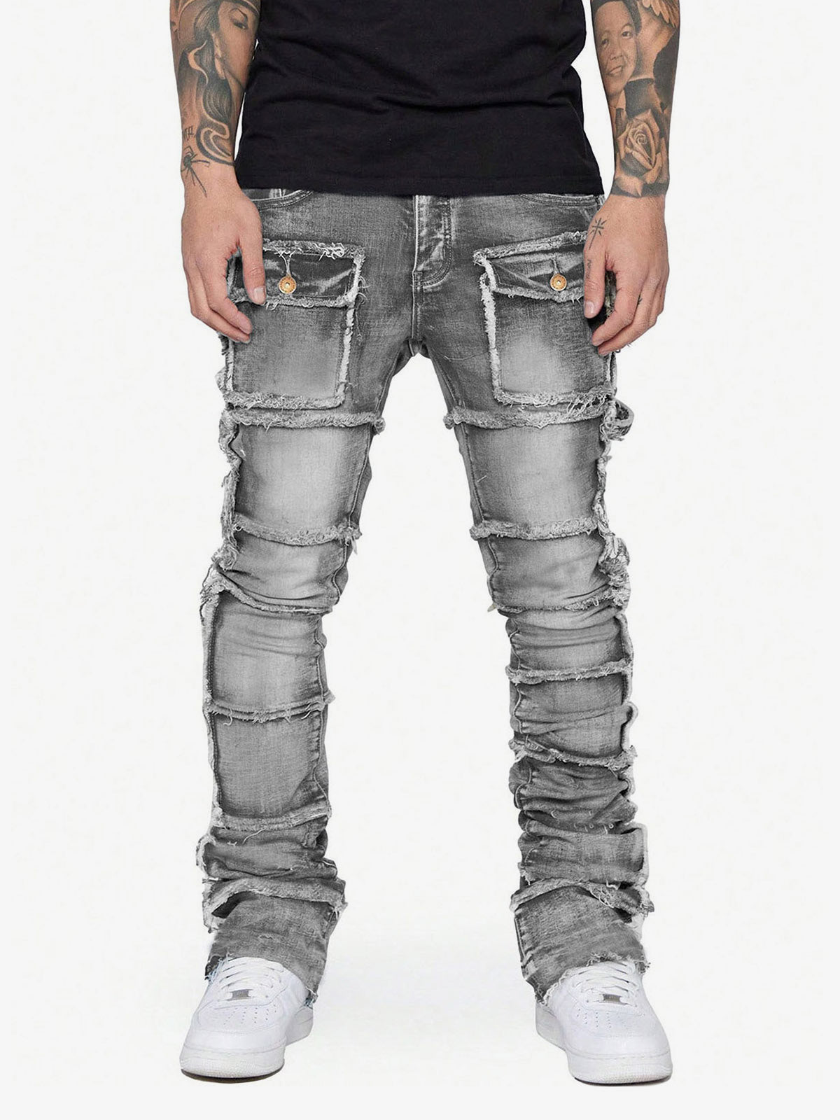 Thesupermade Stretch Patch Layered Bootcut Stacked Jeans 