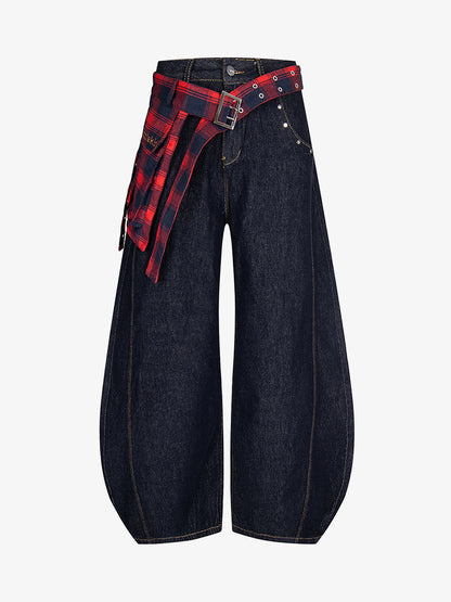Washed Plaid Belt Barrel Jeans 
