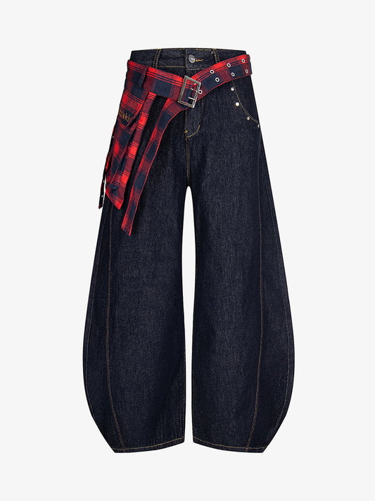 Washed Plaid Belt Barrel Jeans 