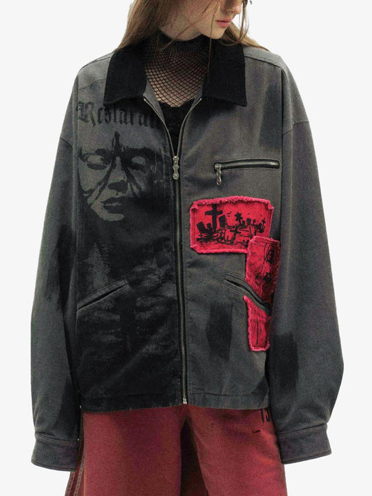 Wasteland Style Portrait Print Patchwork Barn Jacket 