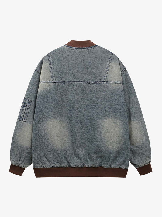 Thesupermade Alphabet Patch Embroidered Quilted Denim Bomber Jacket - 2311 