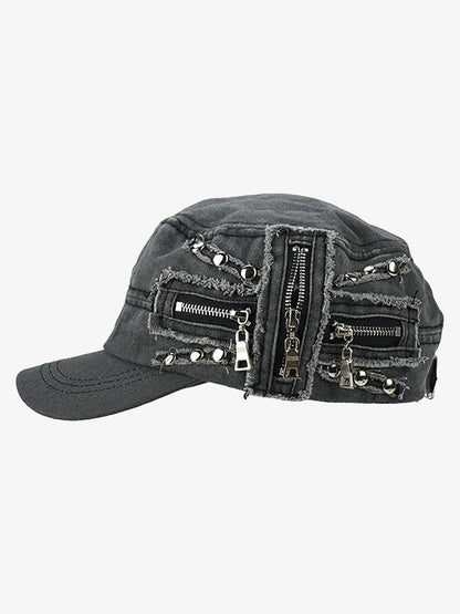 Washed Rivet Zipper Flat Top Cap 
