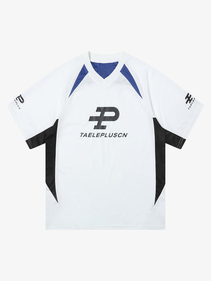 Contrast Color Sporty V-Neck Jersey T-Shirt 