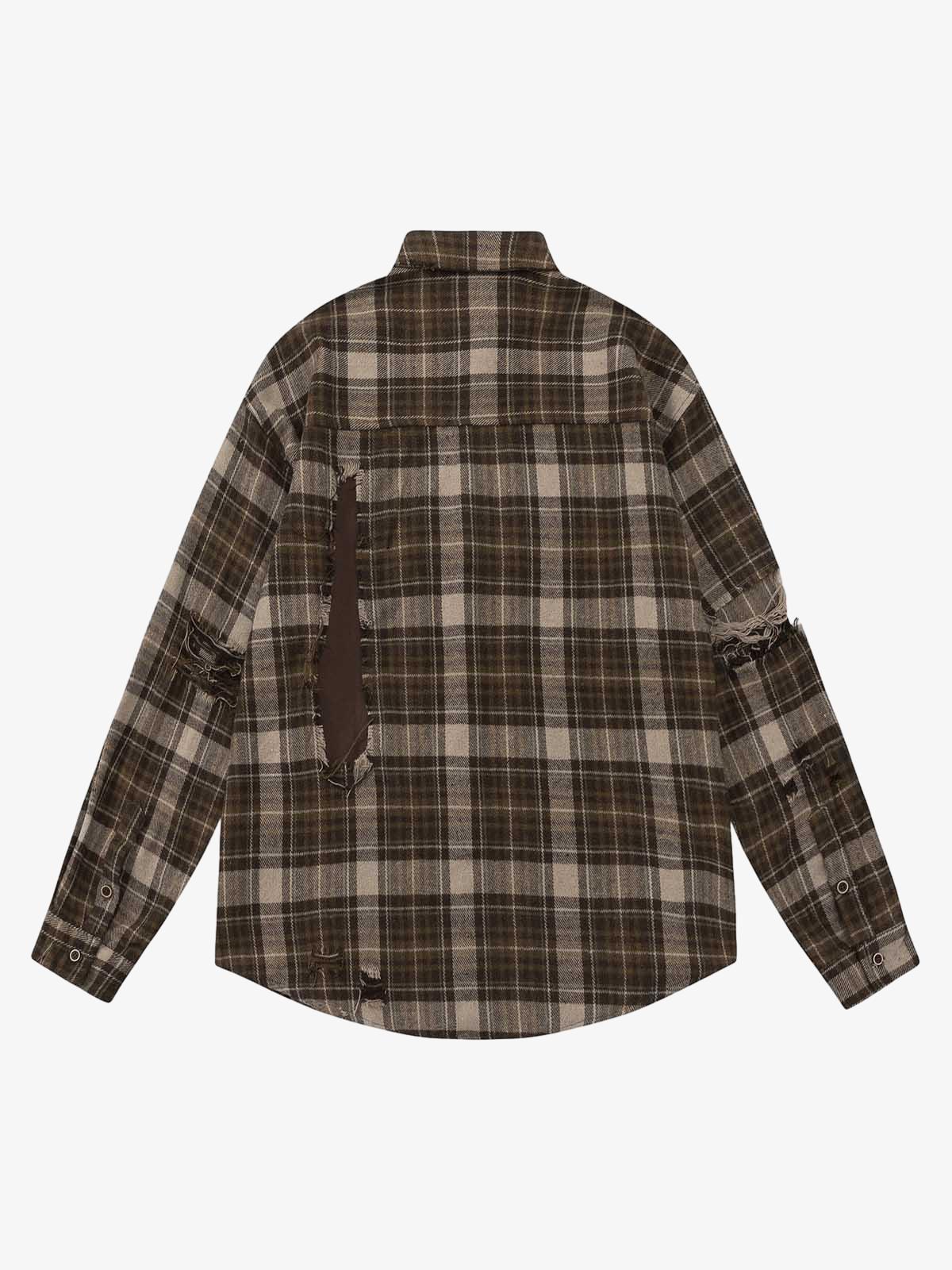 Retro Ripped Patchwork Long Sleeve Plaid Shirt 