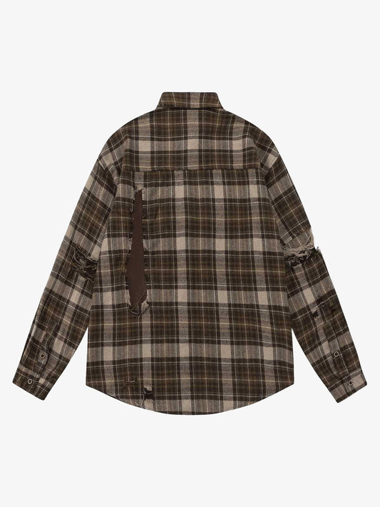 Retro Ripped Patchwork Long Sleeve Plaid Shirt 