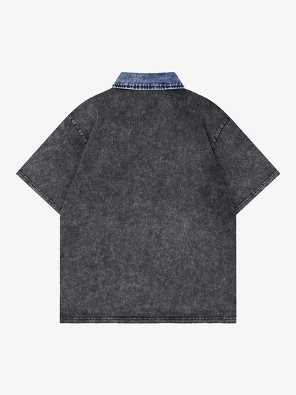 Distressed Embroidered Denim Collar Polo Shirt 