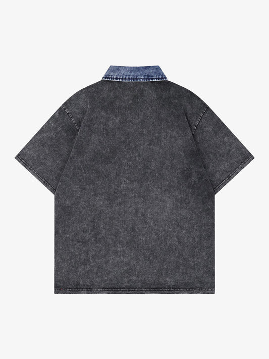 Distressed Embroidered Denim Collar Polo Shirt 