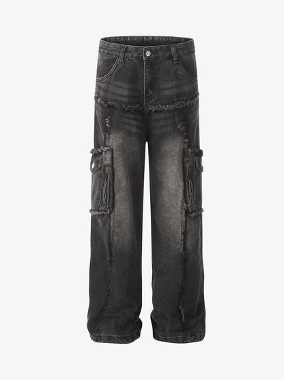 Thesupermade Detressed Raw Edge Multi-pocket Cargo Jeans 