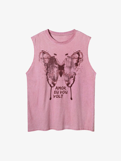 Thesupermade Washed Distressed Butterfly Print Vest 