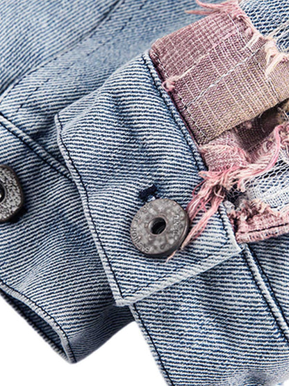 Thesupermade American Street Style Lace Patchwork Denim Jacket 