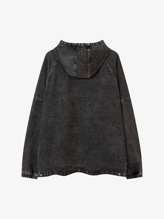 Washed Distressed Metal Zipper Hooded Denim Sweatshirt 
