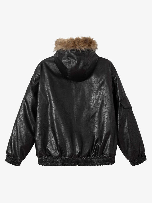 Lace Lettering Fur Hooded Leather Quited Jacket 