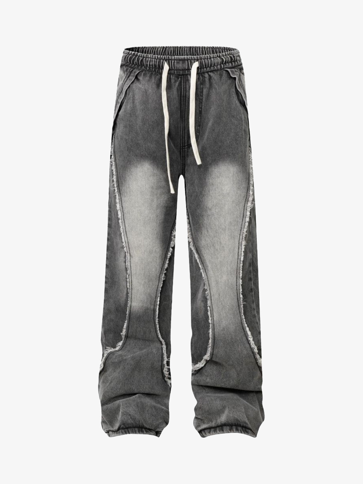 Washed Distressed Raw Edge Drawstring Jeans 