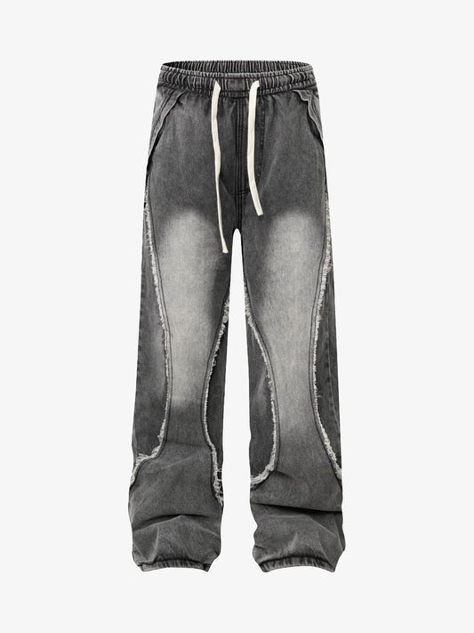 Washed Distressed Raw Edge Drawstring Jeans 