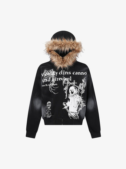 Thesupermade Wasteland Style Cardigan Zip UP Fur Hooded Jacket - 2279 