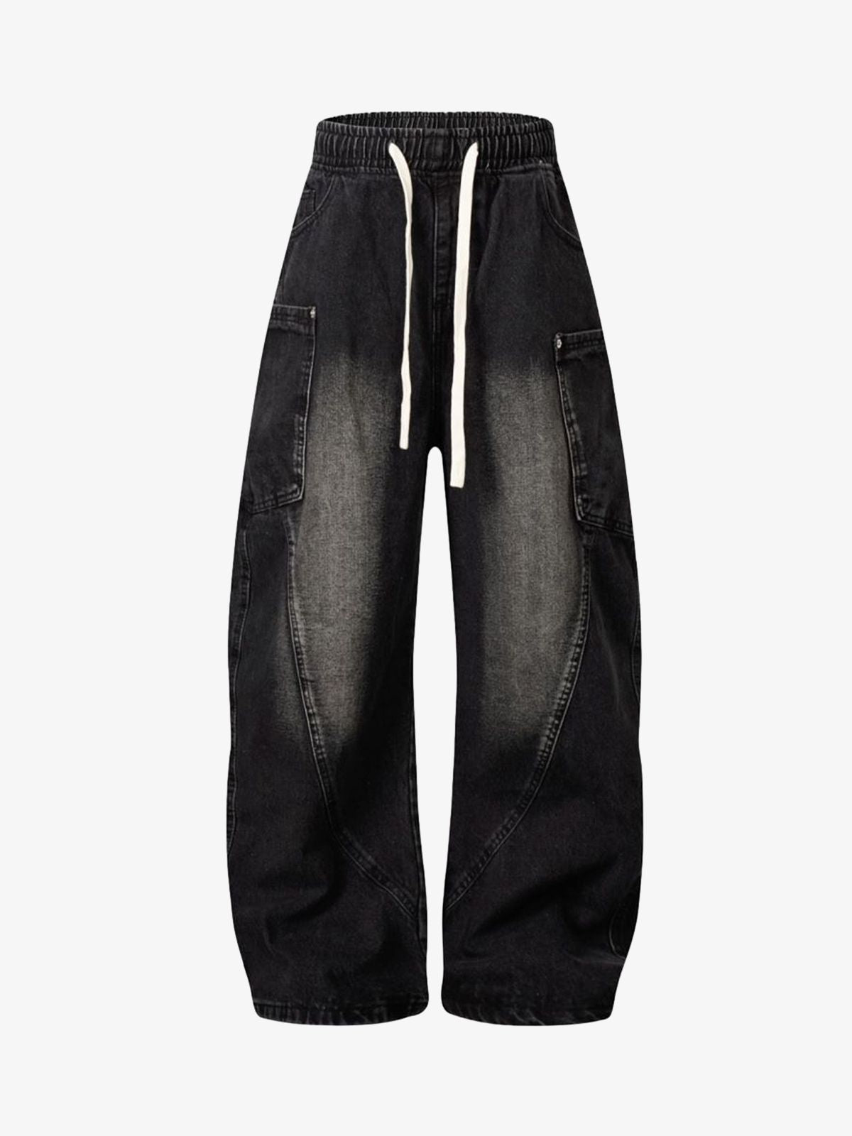 Washed Distressed Split Drawstring Barrel Jeans 