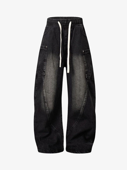 Washed Distressed Split Drawstring Barrel Jeans 