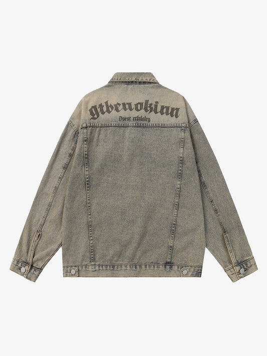 Washed Vintage Letter Print Denim Jacket 