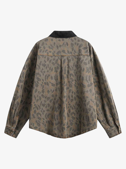 Vintage Distressed Cheetah Print Denim Shirt 