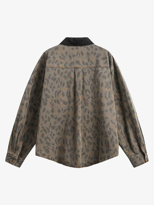 Vintage Distressed Cheetah Print Denim Shirt 