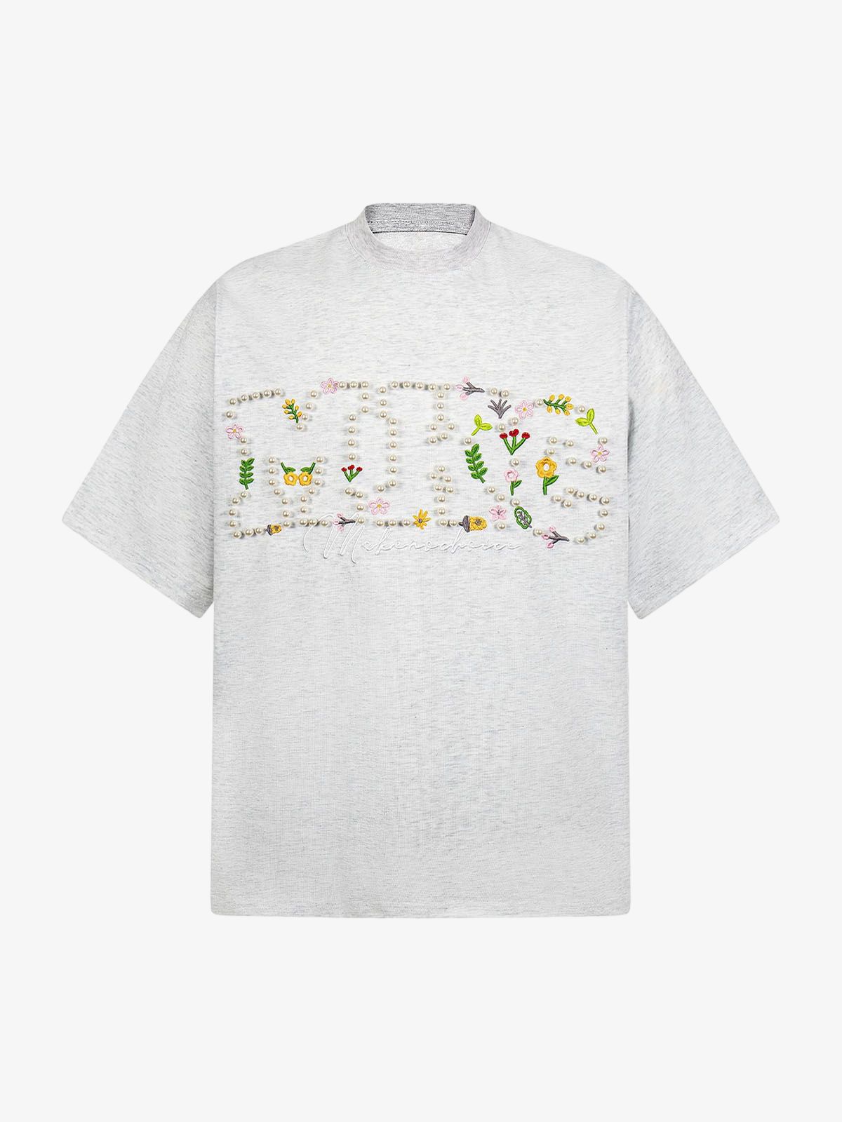 Oversized Embroidered Floral Letter T-Shirt 