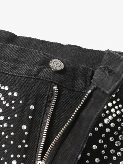 Retro Washed Rhinestone Raw Edge Denim Shorts - 2419 